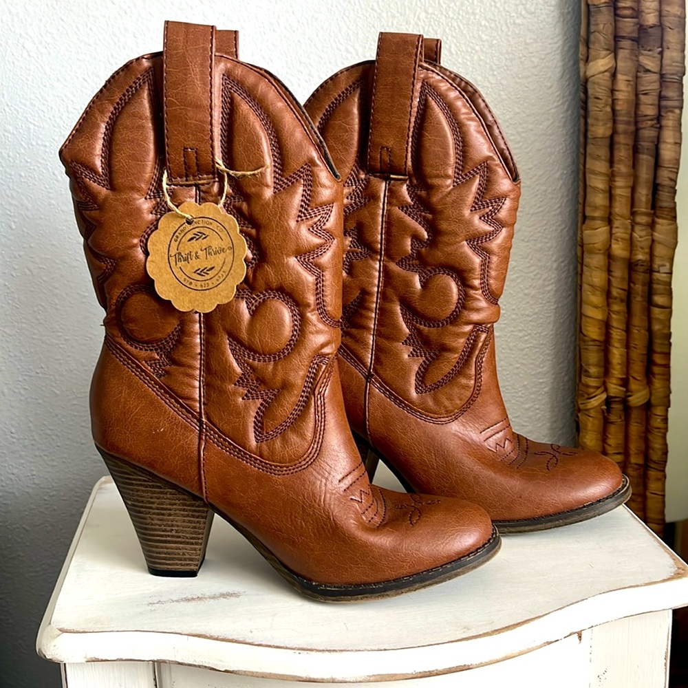 FOREVER 21 Western Cowgirl Boots - Dark Brown, Faux Leather (SIZE 7)